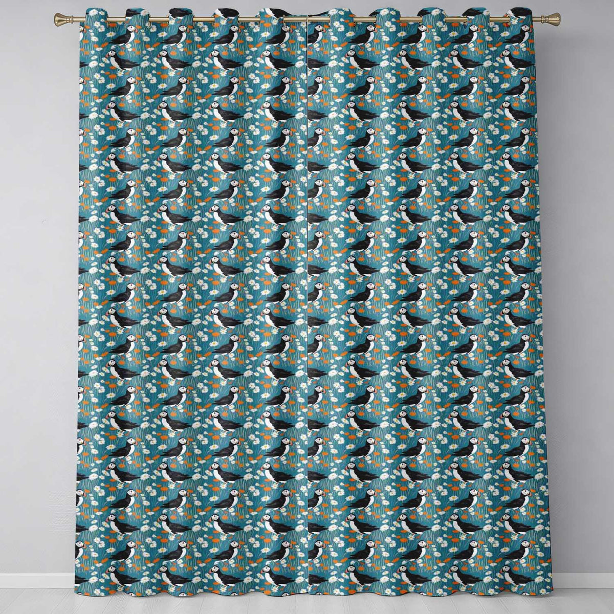 Colorful Puffin Bird and Wildflower Meadow Seamless Pattern  Readymade Eyelet Ring Top Thermal 100% Blackout Curtains
