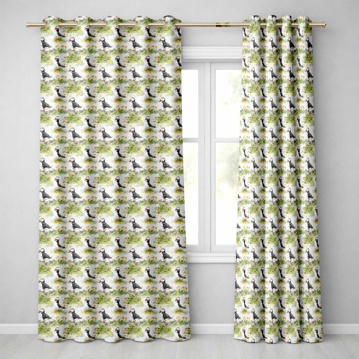 Watercolor Puffin Birds in Floral Meadow Garden Seamless Pattern  Readymade Eyelet Ring Top Thermal 100% Blackout Curtains