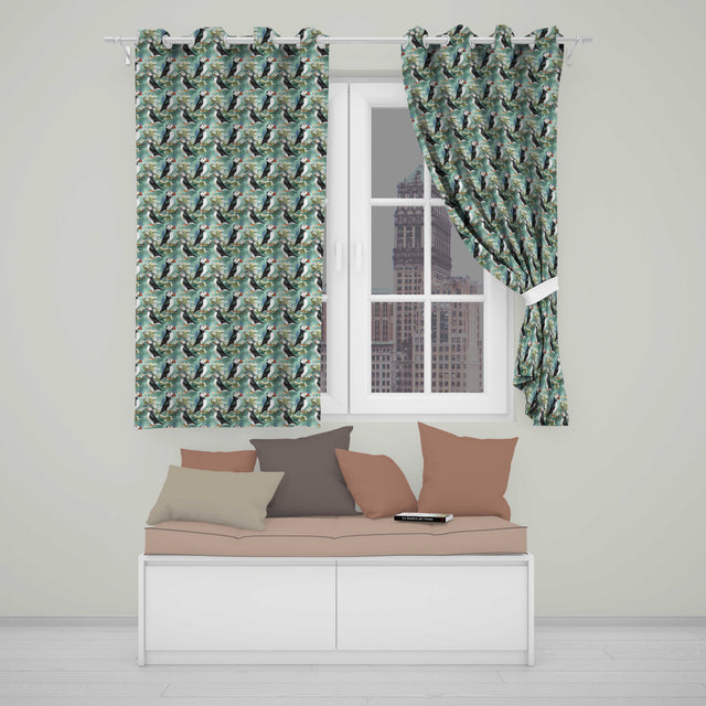Soft Painterly Puffin Birds with Daisy Field Seamless Pattern  Readymade Eyelet Ring Top Thermal 100% Blackout Curtains