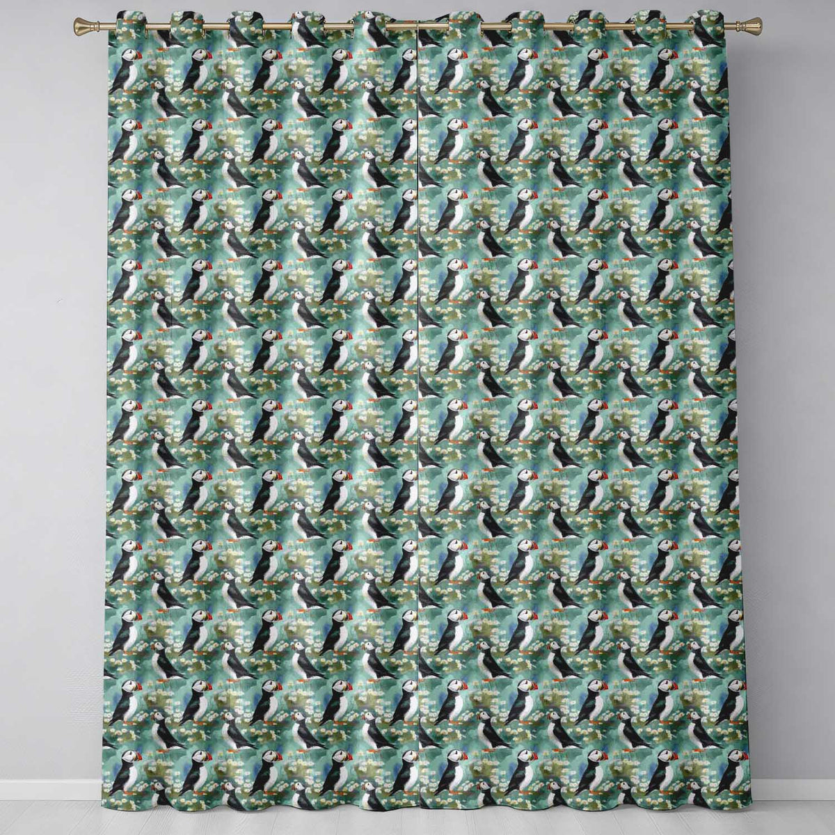 Soft Painterly Puffin Birds with Daisy Field Seamless Pattern  Readymade Eyelet Ring Top Thermal 100% Blackout Curtains
