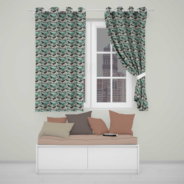 Coastal Puffin Birds on Rocky Shore with Flowers Seamless Pattern  Readymade Eyelet Ring Top Thermal 100% Blackout Curtains