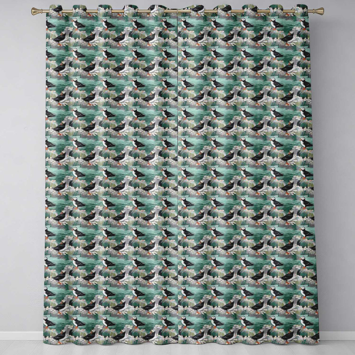Coastal Puffin Birds on Rocky Shore with Flowers Seamless Pattern  Readymade Eyelet Ring Top Thermal 100% Blackout Curtains
