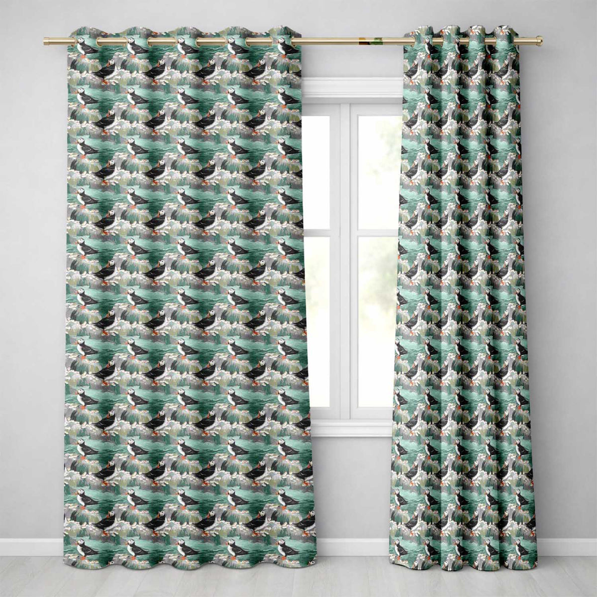 Coastal Puffin Birds on Rocky Shore with Flowers Seamless Pattern  Readymade Eyelet Ring Top Thermal 100% Blackout Curtains