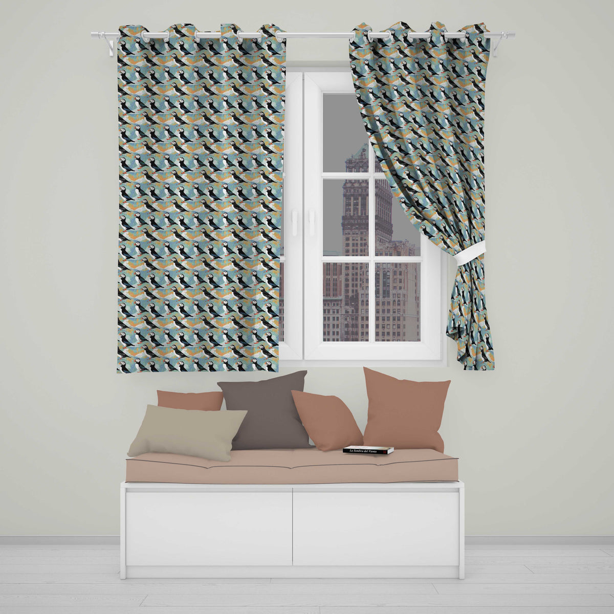 Minimal Puffin Birds with Abstract Waves Seamless Pattern  Readymade Eyelet Ring Top Thermal 100% Blackout Curtains