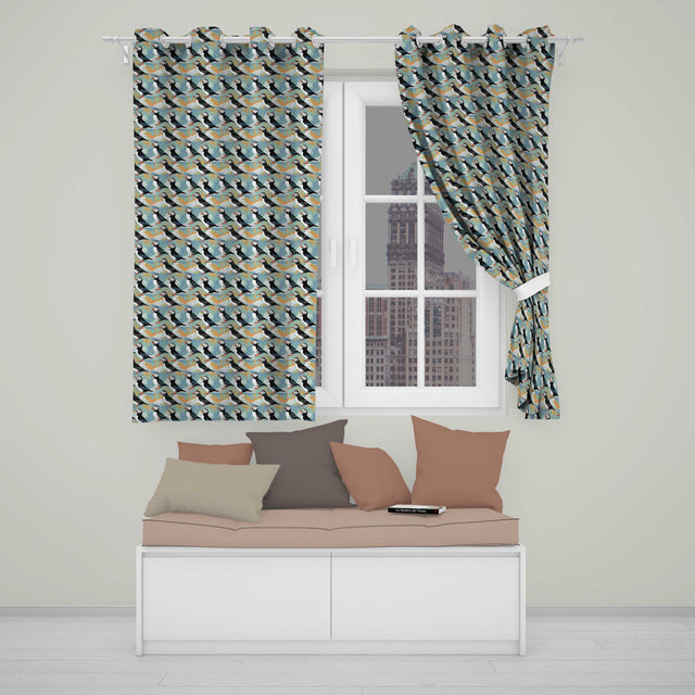 Minimal Puffin Birds with Abstract Waves Seamless Pattern  Readymade Eyelet Ring Top Thermal 100% Blackout Curtains