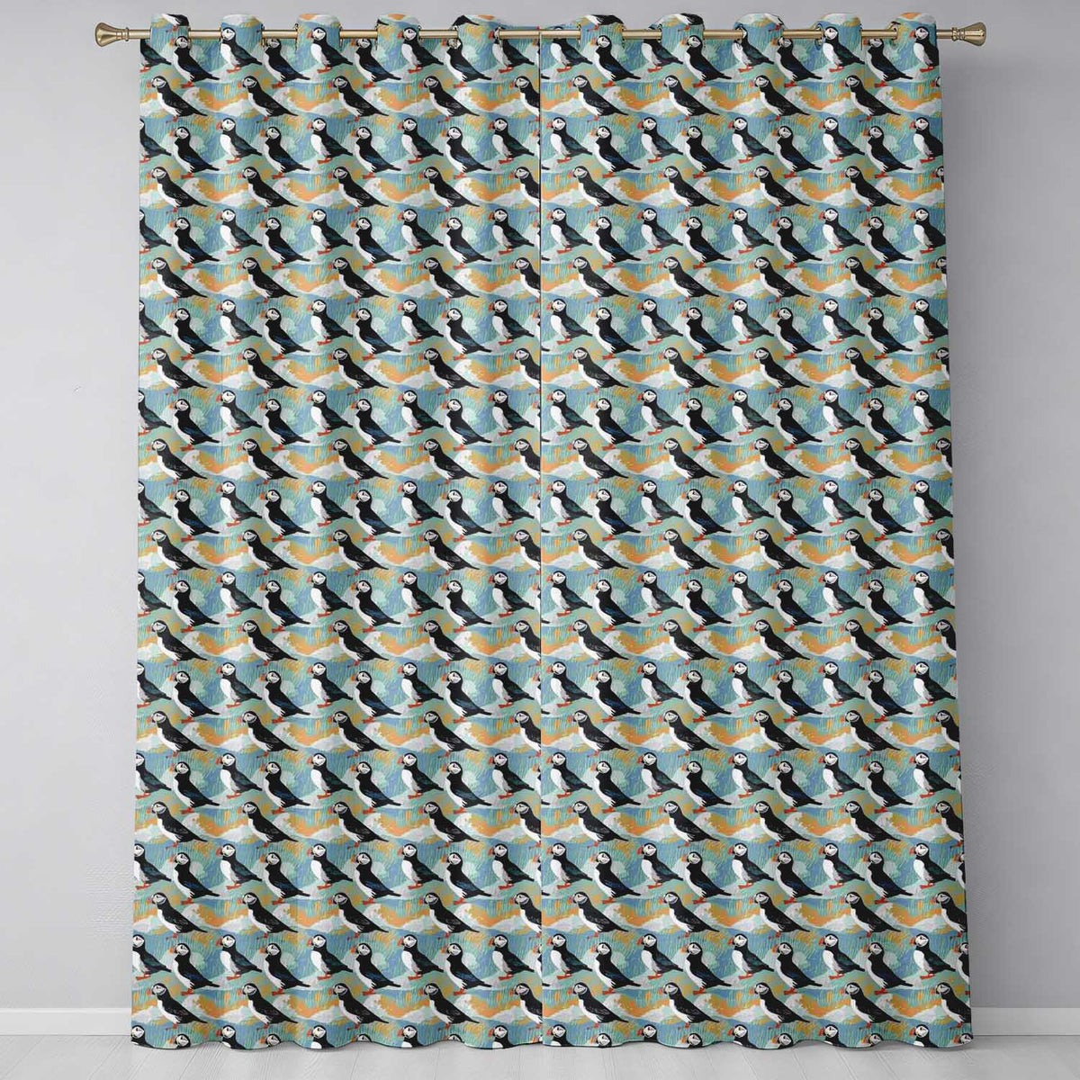 Minimal Puffin Birds with Abstract Waves Seamless Pattern  Readymade Eyelet Ring Top Thermal 100% Blackout Curtains