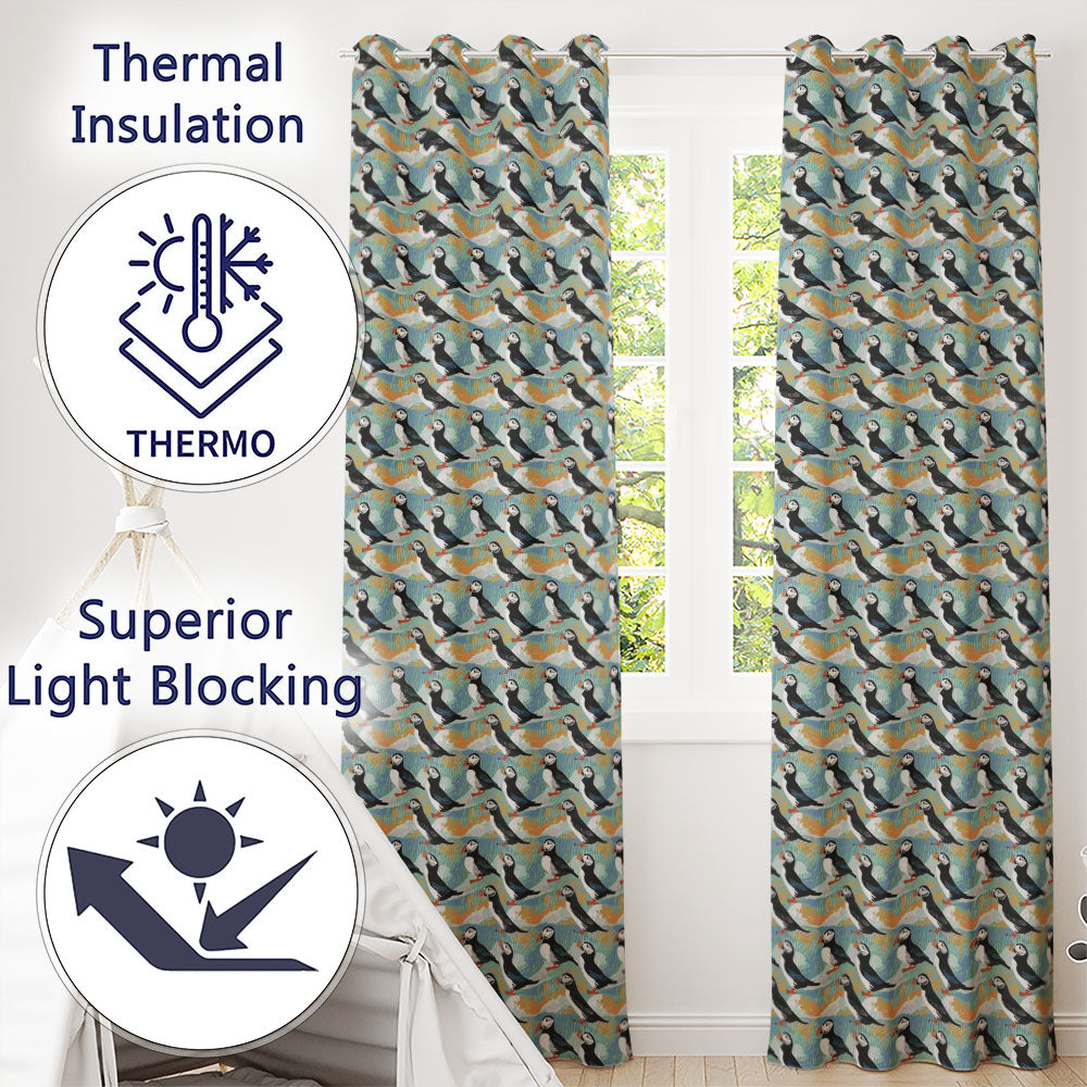 Minimal Puffin Birds with Abstract Waves Seamless Pattern  Readymade Eyelet Ring Top Thermal 100% Blackout Curtains