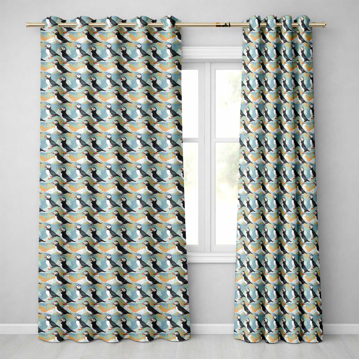 Minimal Puffin Birds with Abstract Waves Seamless Pattern  Readymade Eyelet Ring Top Thermal 100% Blackout Curtains