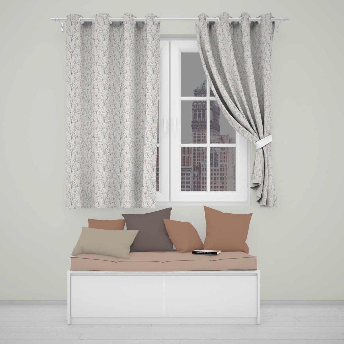 Delicate Pink Blossom Branches Seamless Floral Pattern Soft Sage Background  Readymade Eyelet Ring Top Thermal 100% Blackout Curtains