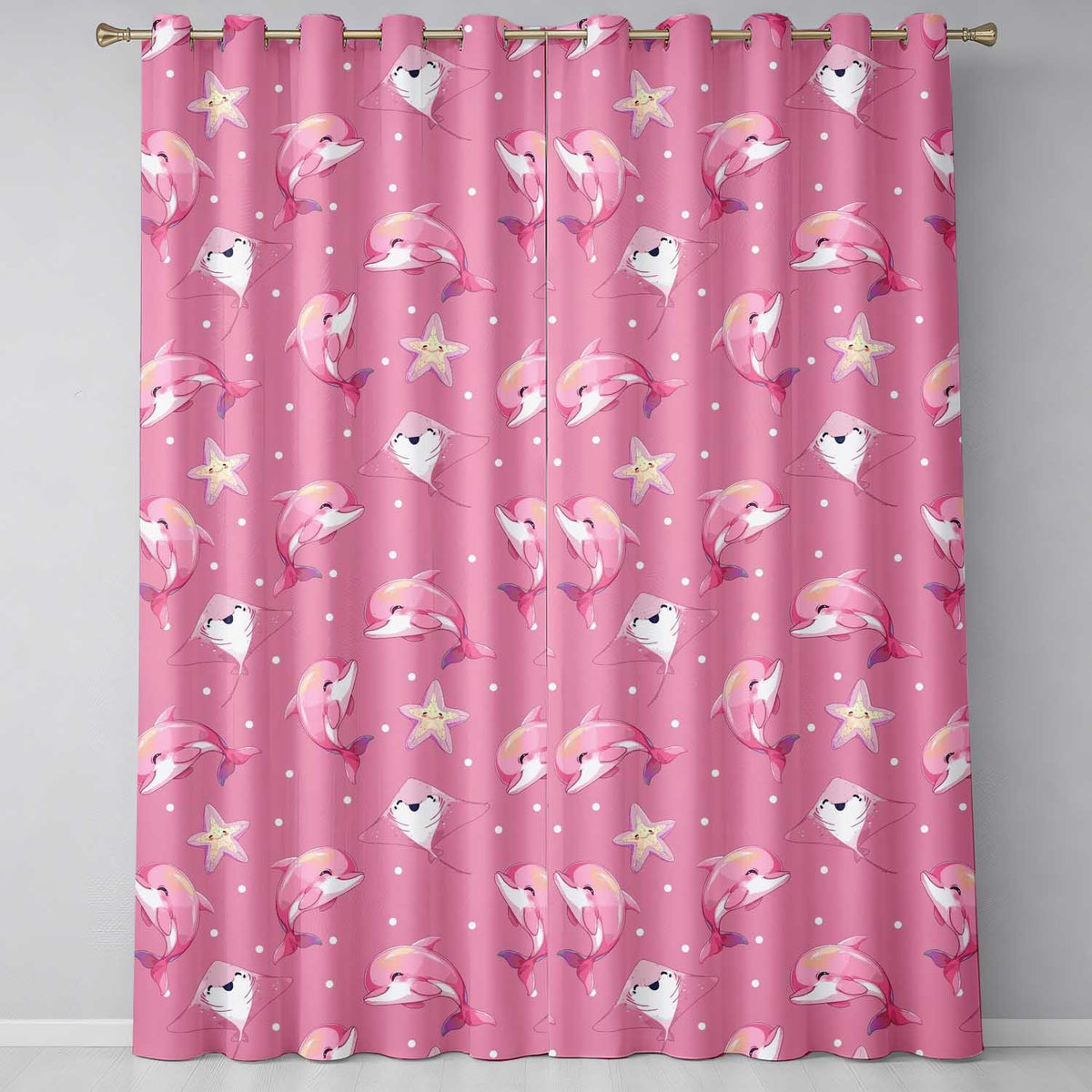 Cute Pink Dolphins and Starfish Seamless Ocean  Pink Polka Dot Background  Readymade Eyelet Ring Top Thermal 100% Blackout Curtains
