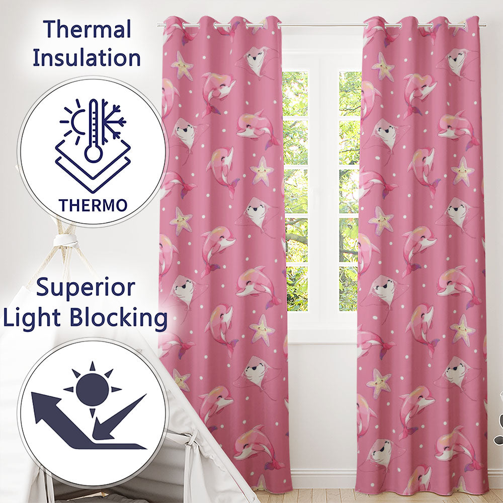 Cute Pink Dolphins and Starfish Seamless Ocean  Pink Polka Dot Background  Readymade Eyelet Ring Top Thermal 100% Blackout Curtains