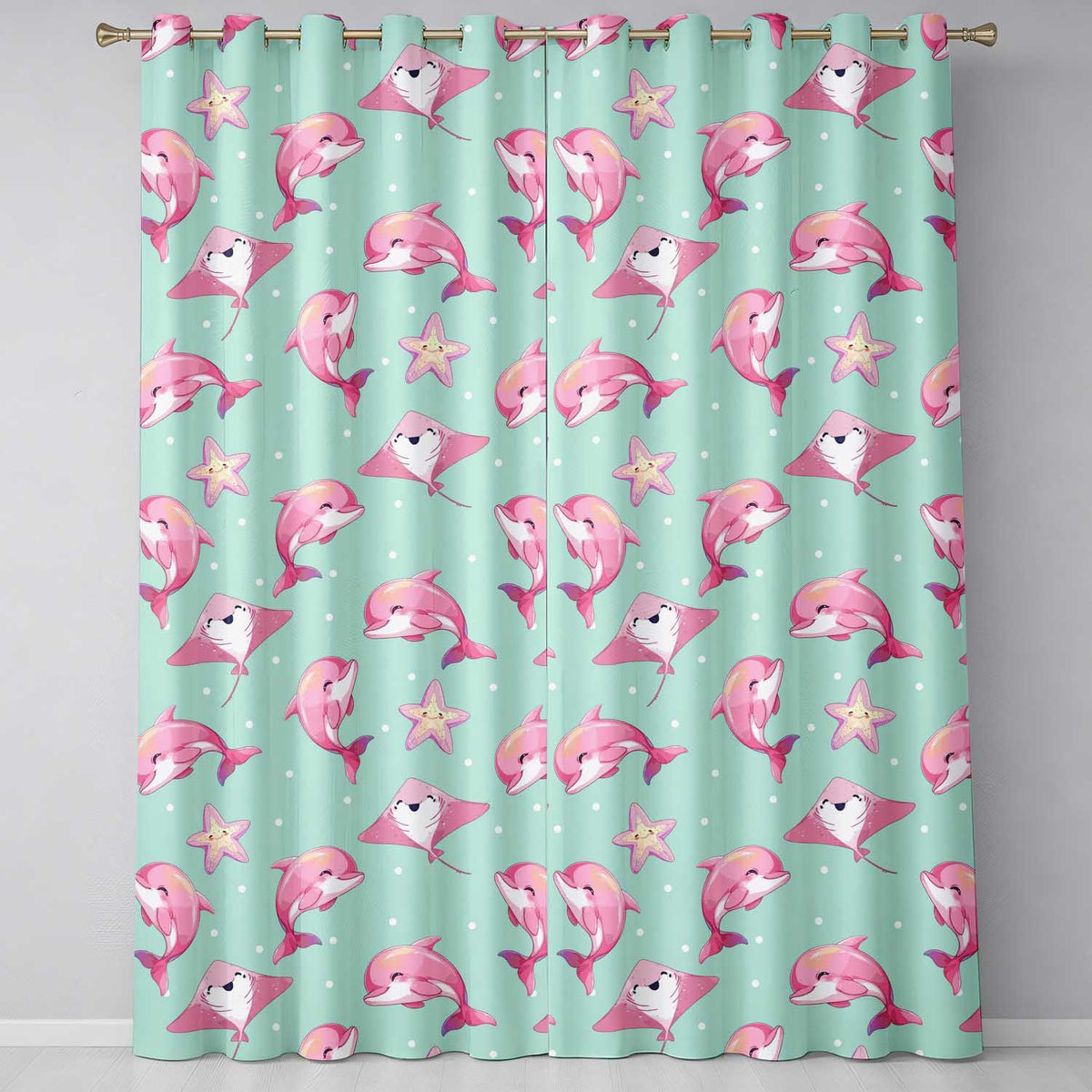Cute Pink Dolphins and Starfish  Ocean  Mint Green Polka Dot Background  Readymade Eyelet Ring Top Thermal 100% Blackout Curtains