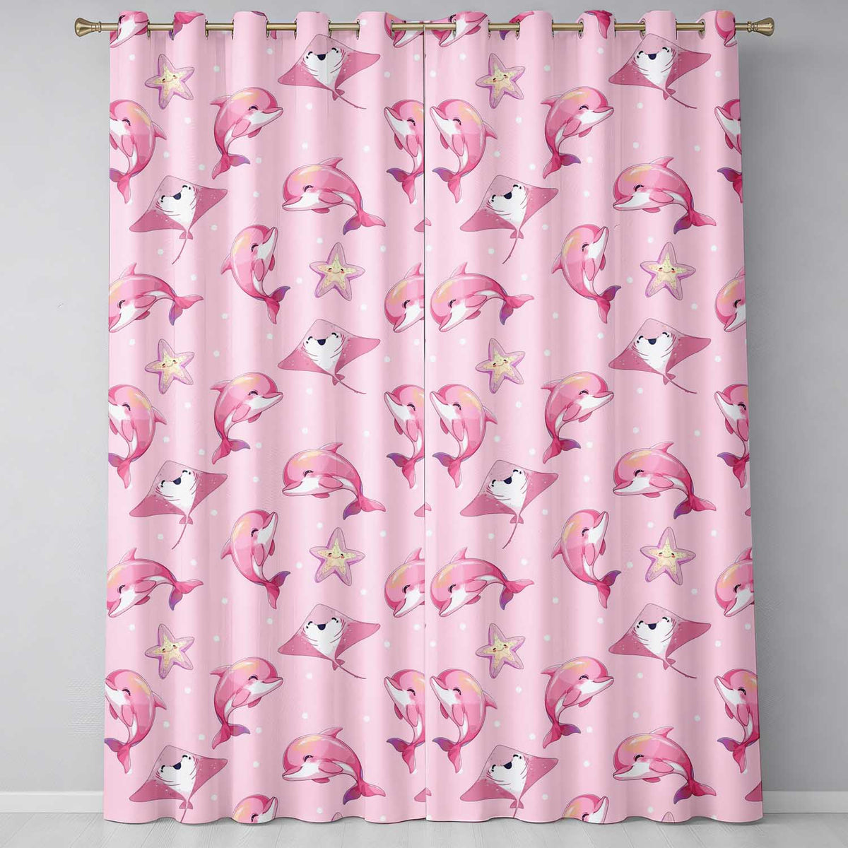 Cute Pink Dolphins and Starfish  Ocean  Soft Pink Polka Dot Background  Readymade Eyelet Ring Top Thermal 100% Blackout Curtains