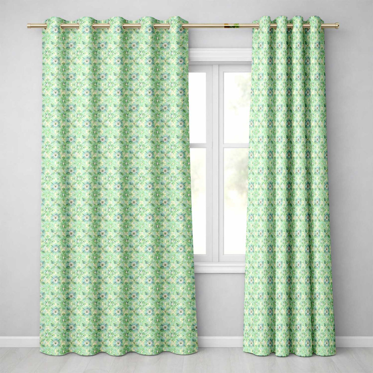 Elegant Green Floral Medallion Seamless Pattern Vintage Botanical Design  Readymade Eyelet Ring Top Thermal 100% Blackout Curtains