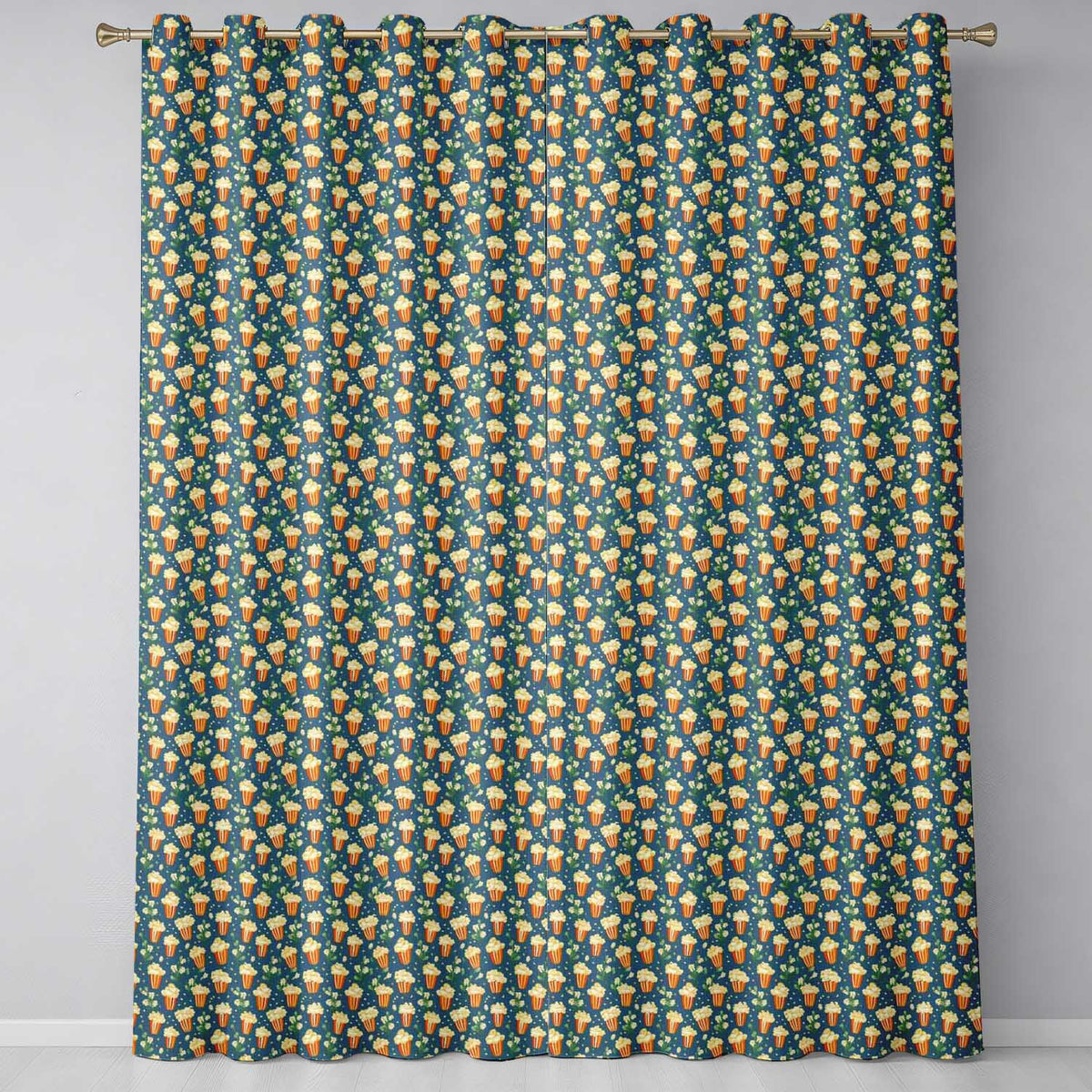 Popcorn Buckets and Flowers Cute Seamless Pattern Dark Teal Background  Readymade Eyelet Ring Top Thermal 100% Blackout Curtains