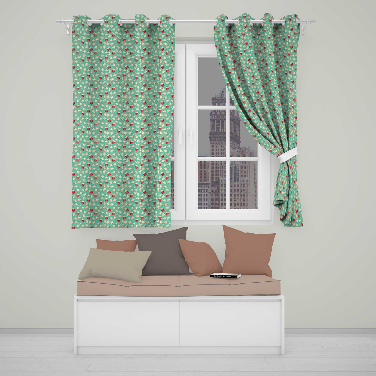 Popcorn Buckets and Kernels on Teal Polka Dot Background Seamless Pattern  Readymade Eyelet Ring Top Thermal 100% Blackout Curtains