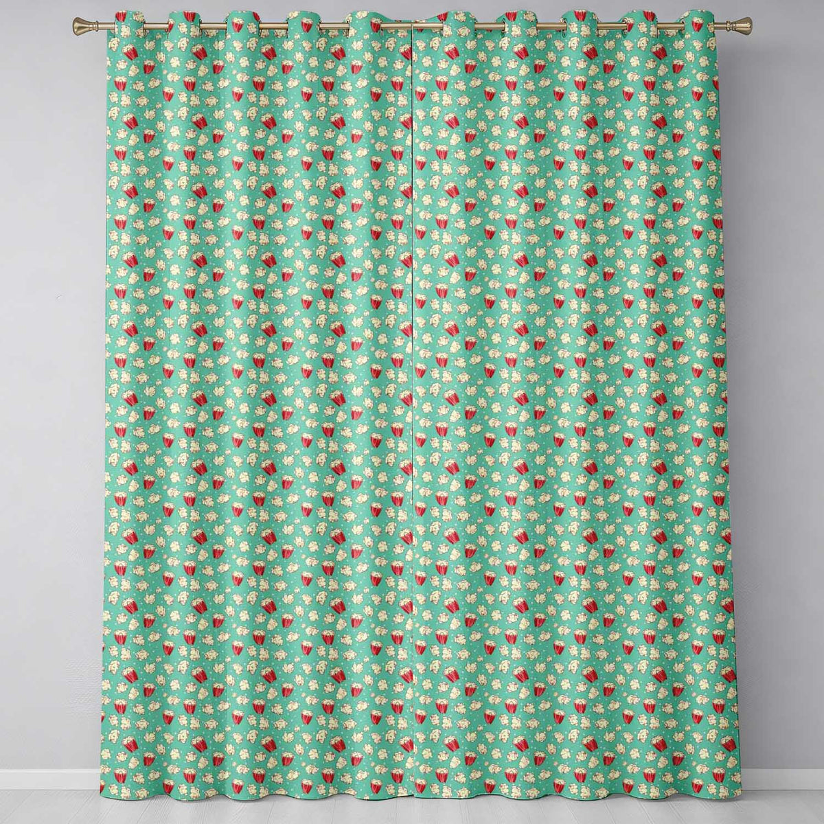 Popcorn Buckets and Kernels on Teal Polka Dot Background Seamless Pattern  Readymade Eyelet Ring Top Thermal 100% Blackout Curtains