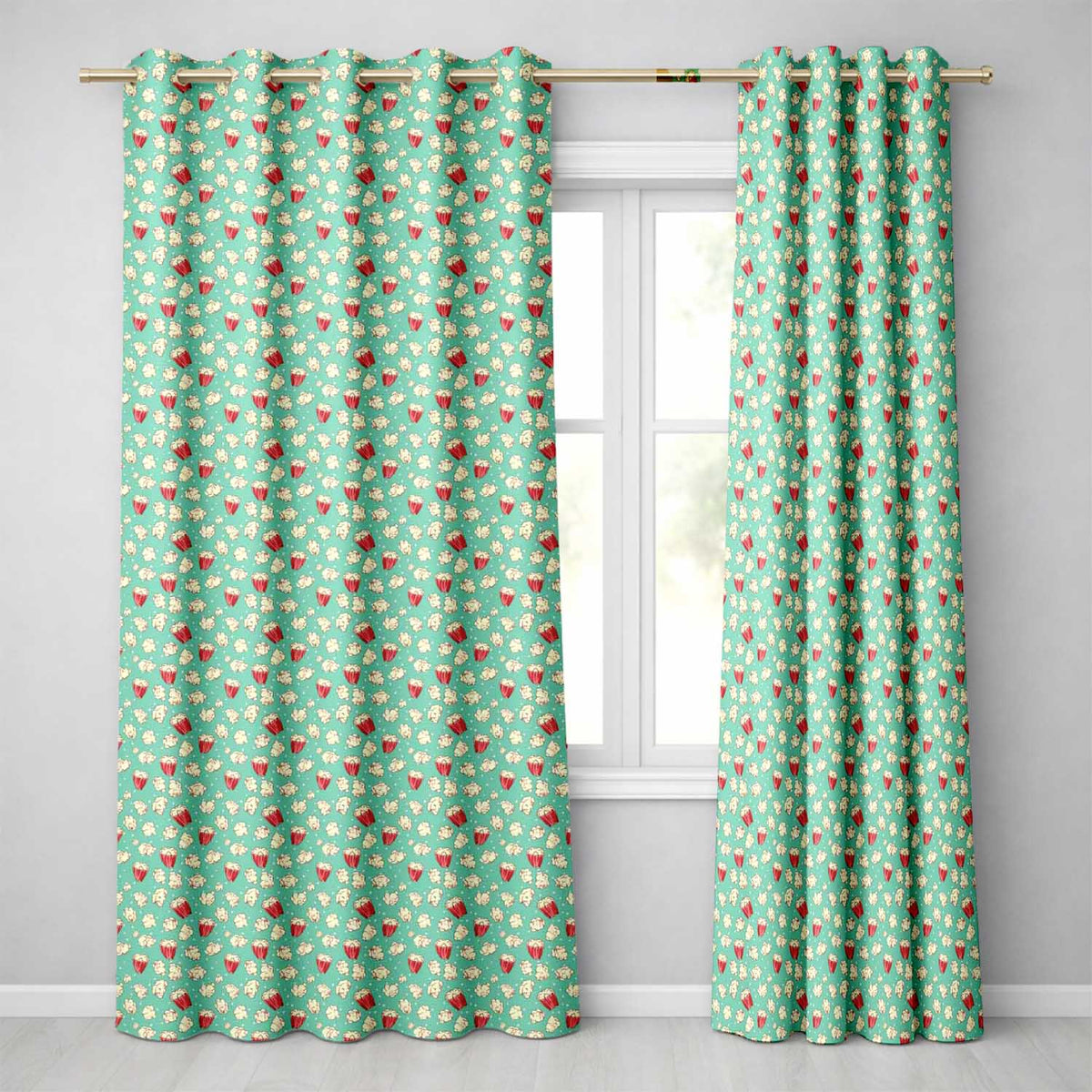 Popcorn Buckets and Kernels on Teal Polka Dot Background Seamless Pattern  Readymade Eyelet Ring Top Thermal 100% Blackout Curtains