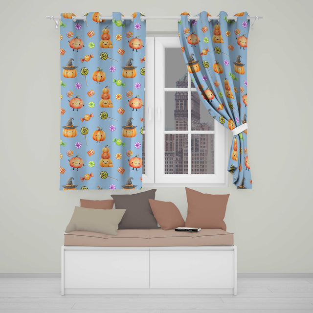 Cute Watercolor Pumpkins and Candy Sweets on Sky Blue Background   Readymade Eyelet Ring Top Thermal 100% Blackout Curtains