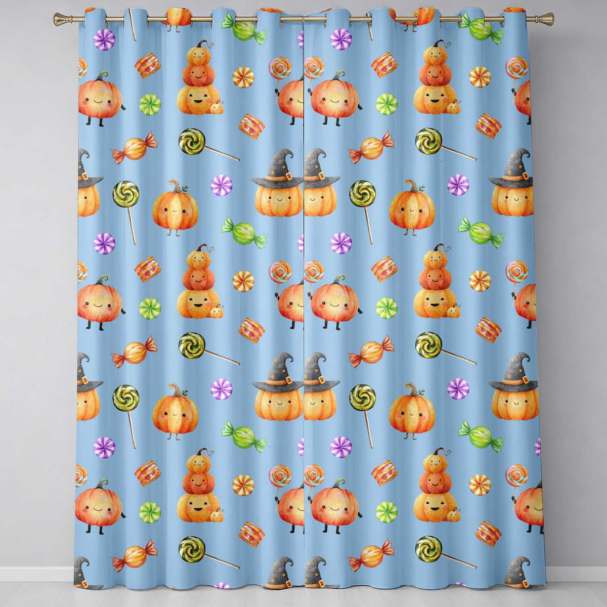 Cute Watercolor Pumpkins and Candy Sweets on Sky Blue Background   Readymade Eyelet Ring Top Thermal 100% Blackout Curtains