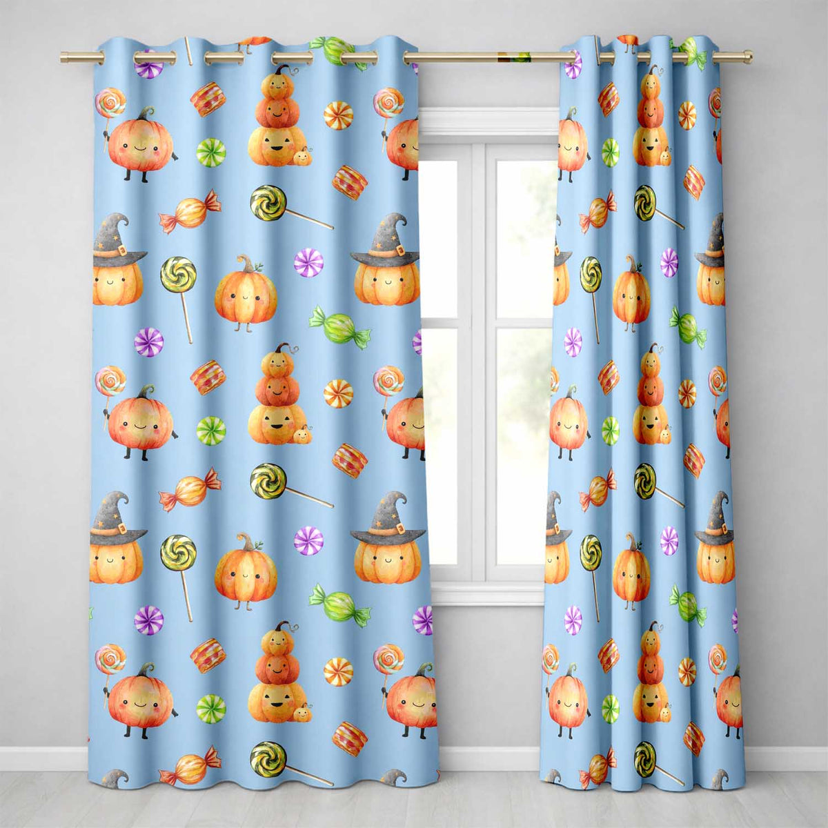 Cute Watercolor Pumpkins and Candy Sweets on Sky Blue Background   Readymade Eyelet Ring Top Thermal 100% Blackout Curtains
