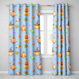 Cute Watercolor Pumpkins and Candy Sweets on Sky Blue Background   Readymade Eyelet Ring Top Thermal 100% Blackout Curtains