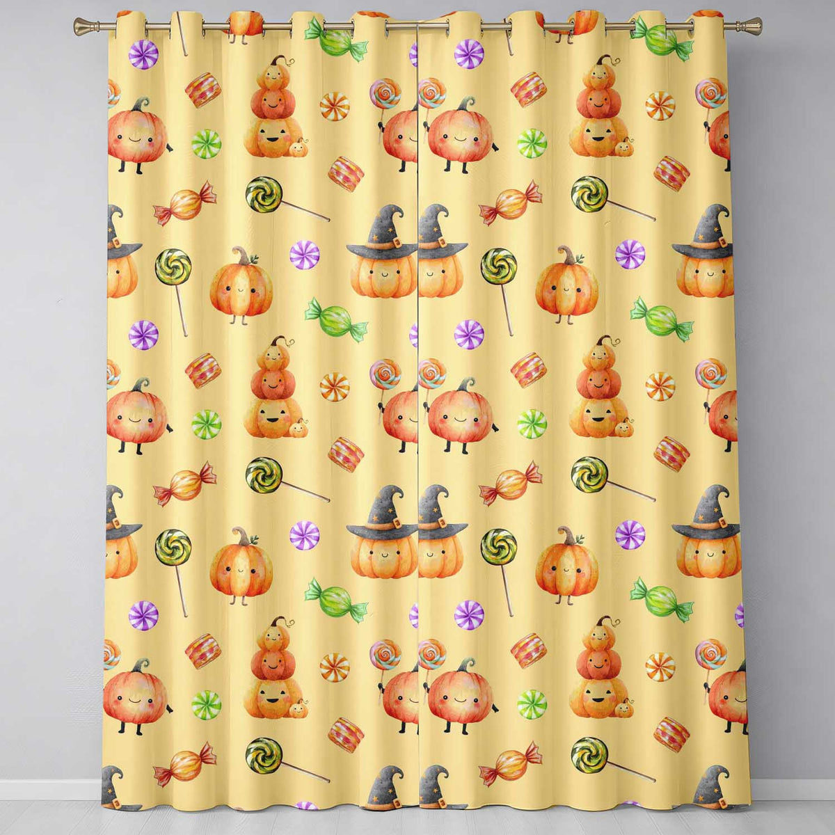 Cute Watercolor Pumpkins and Candy Sweets on Yellow Background   Readymade Eyelet Ring Top Thermal 100% Blackout Curtains