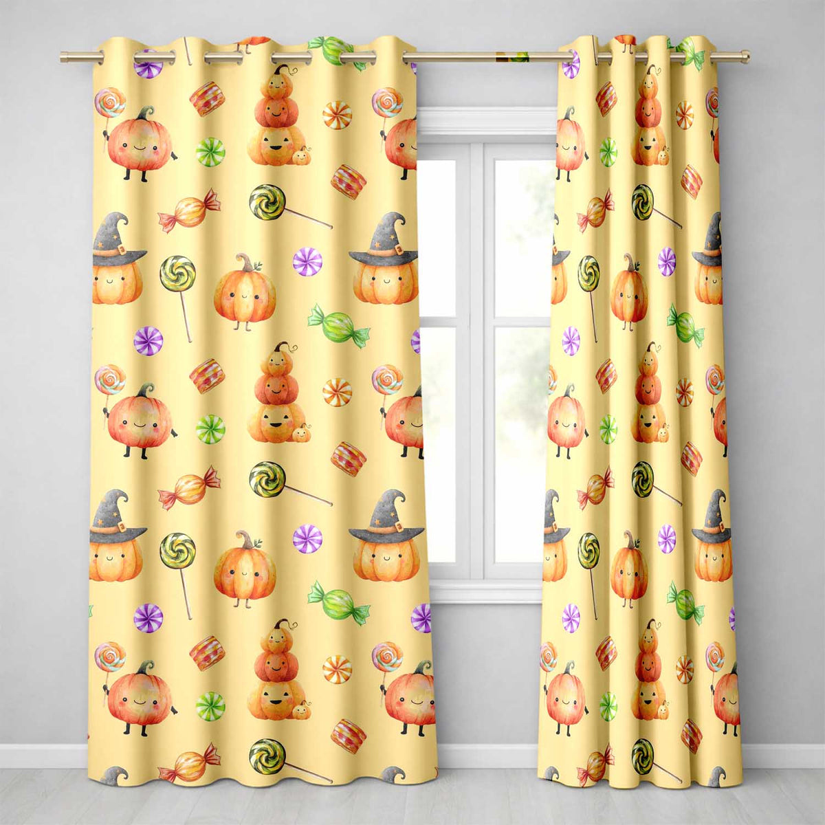 Cute Watercolor Pumpkins and Candy Sweets on Yellow Background   Readymade Eyelet Ring Top Thermal 100% Blackout Curtains