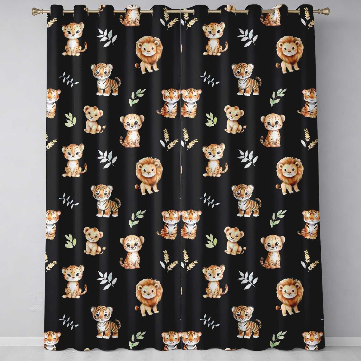 Adorable Baby Jungle Animals with Leaves on Black Background Seamless Pattern  Readymade Eyelet Ring Top Thermal 100% Blackout Curtains