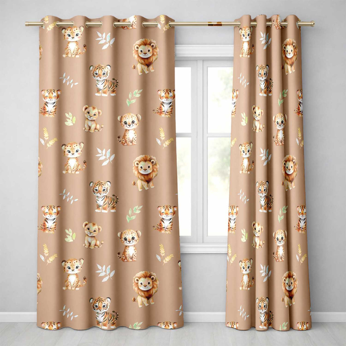 Cute Baby Jungle Animals with Leaves on Warm Tan Background Seamless Pattern  Readymade Eyelet Ring Top Thermal 100% Blackout Curtains