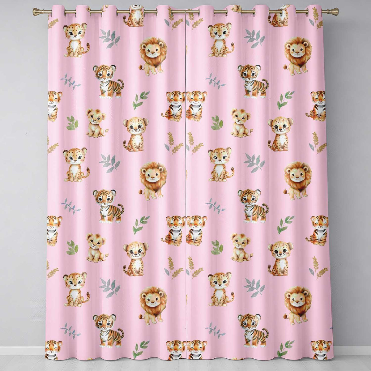 Cute Baby Jungle Animals with Leaves on Blush Pink Background Seamless Pattern  Readymade Eyelet Ring Top Thermal 100% Blackout Curtains