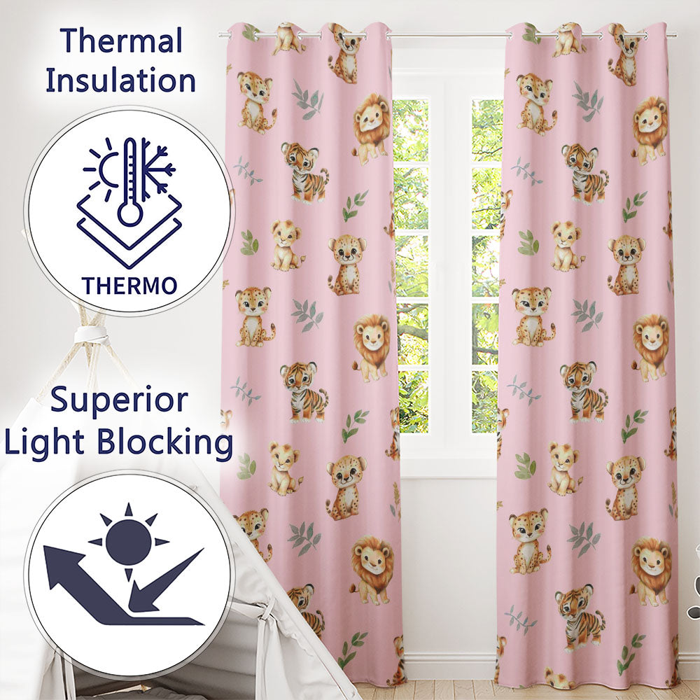 Cute Baby Jungle Animals with Leaves on Blush Pink Background Seamless Pattern  Readymade Eyelet Ring Top Thermal 100% Blackout Curtains