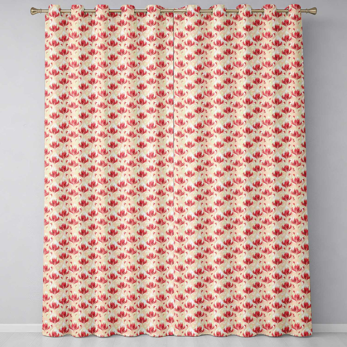 Soft Red Floral Vine Cream Background Seamless Pattern  Readymade Eyelet Ring Top Thermal 100% Blackout Curtains