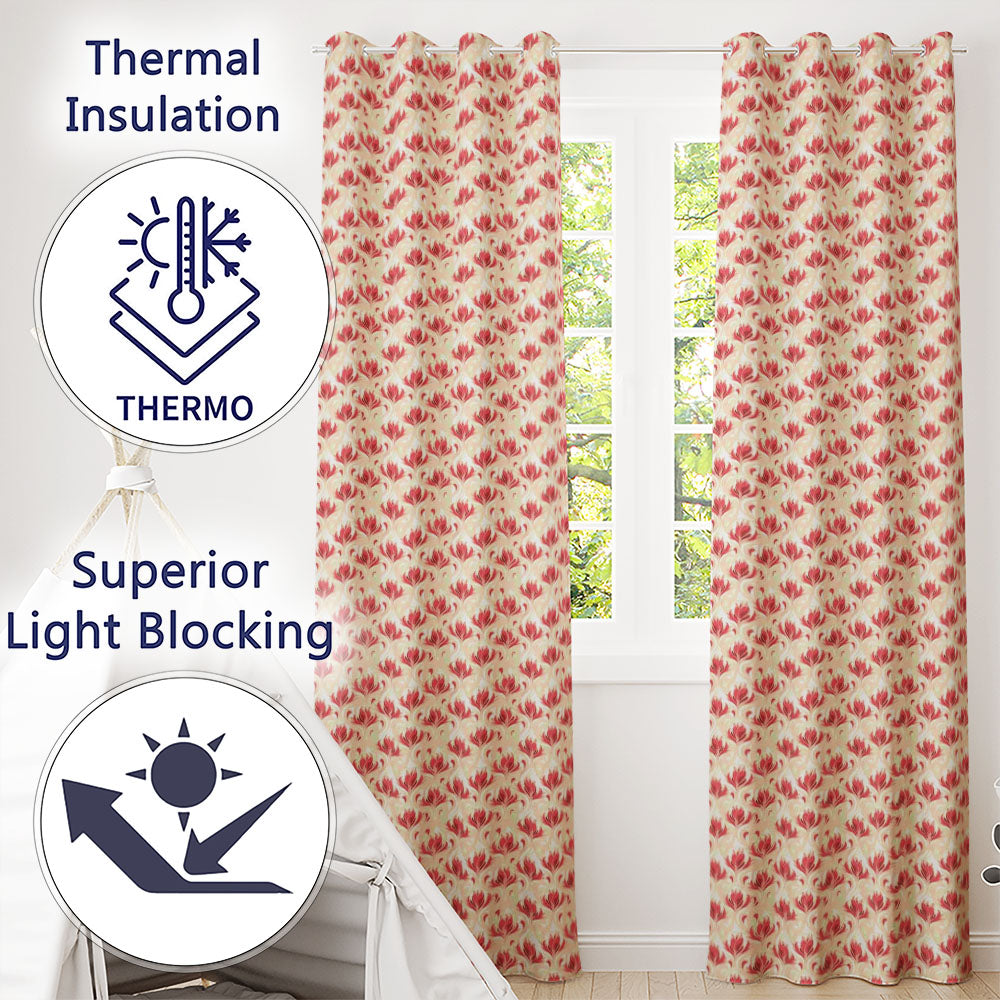 Soft Red Floral Vine Cream Background Seamless Pattern  Readymade Eyelet Ring Top Thermal 100% Blackout Curtains