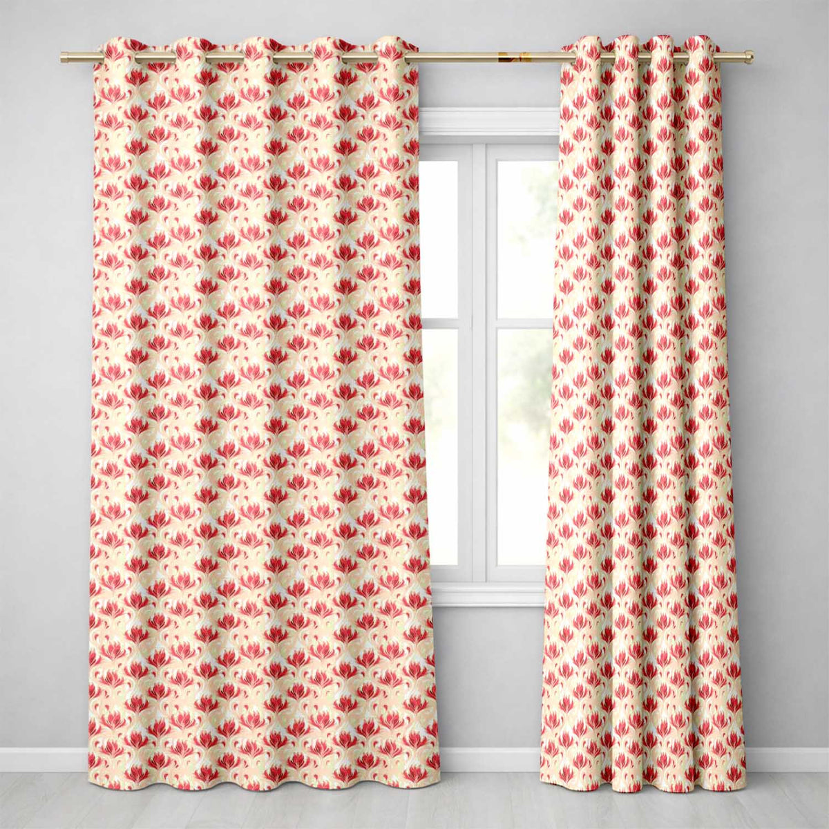 Soft Red Floral Vine Cream Background Seamless Pattern  Readymade Eyelet Ring Top Thermal 100% Blackout Curtains