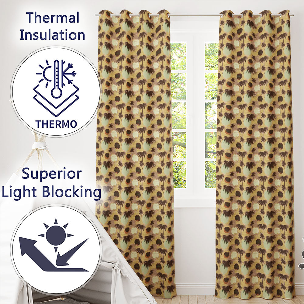 Tropical Palm Trees and Abstract Sun Circles Neutral Beige Coastal  Readymade Eyelet Ring Top Thermal 100% Blackout Curtains