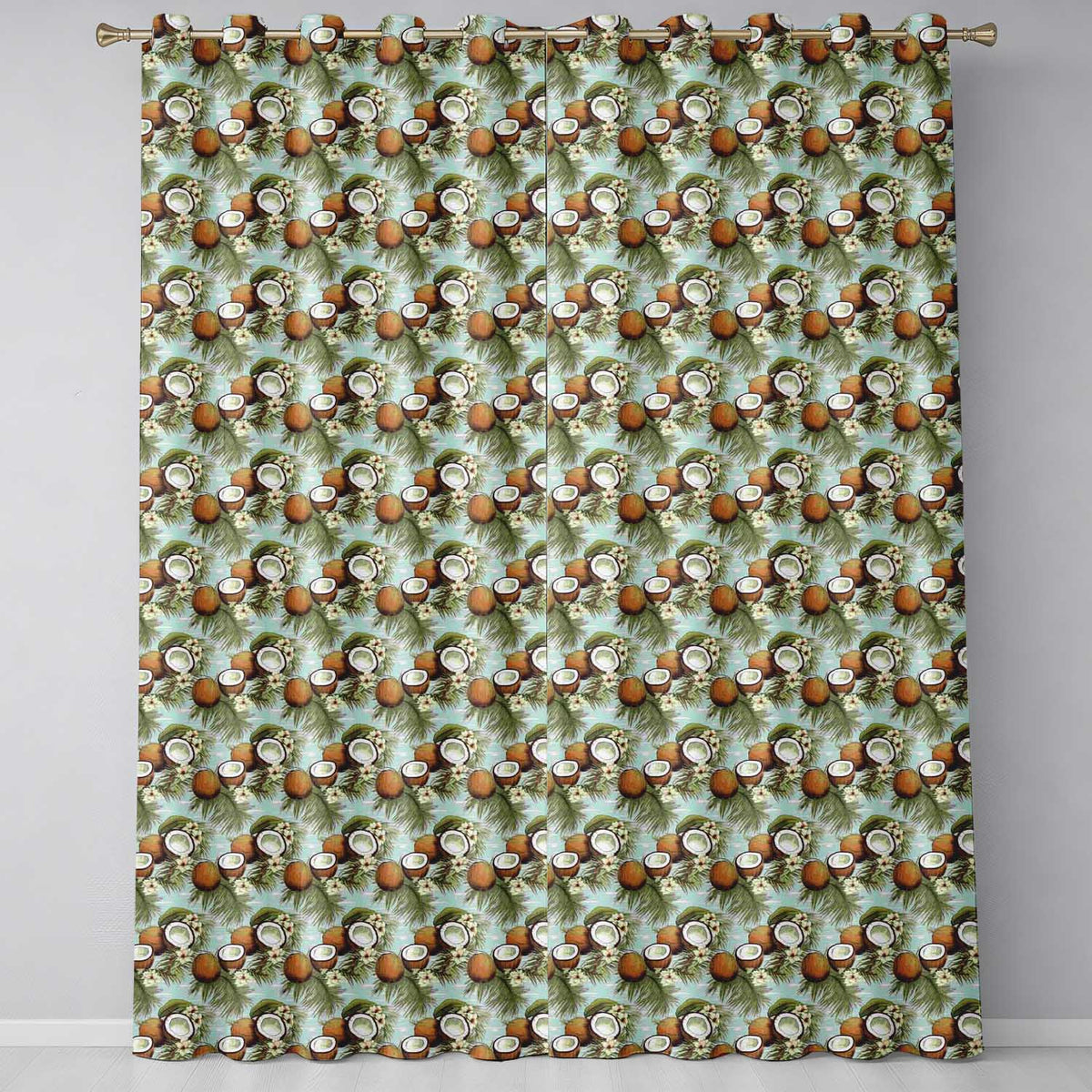 Tropical Coconuts Palm Leaves and White Flowers on Soft Blue Beach Background  Readymade Eyelet Ring Top Thermal 100% Blackout Curtains