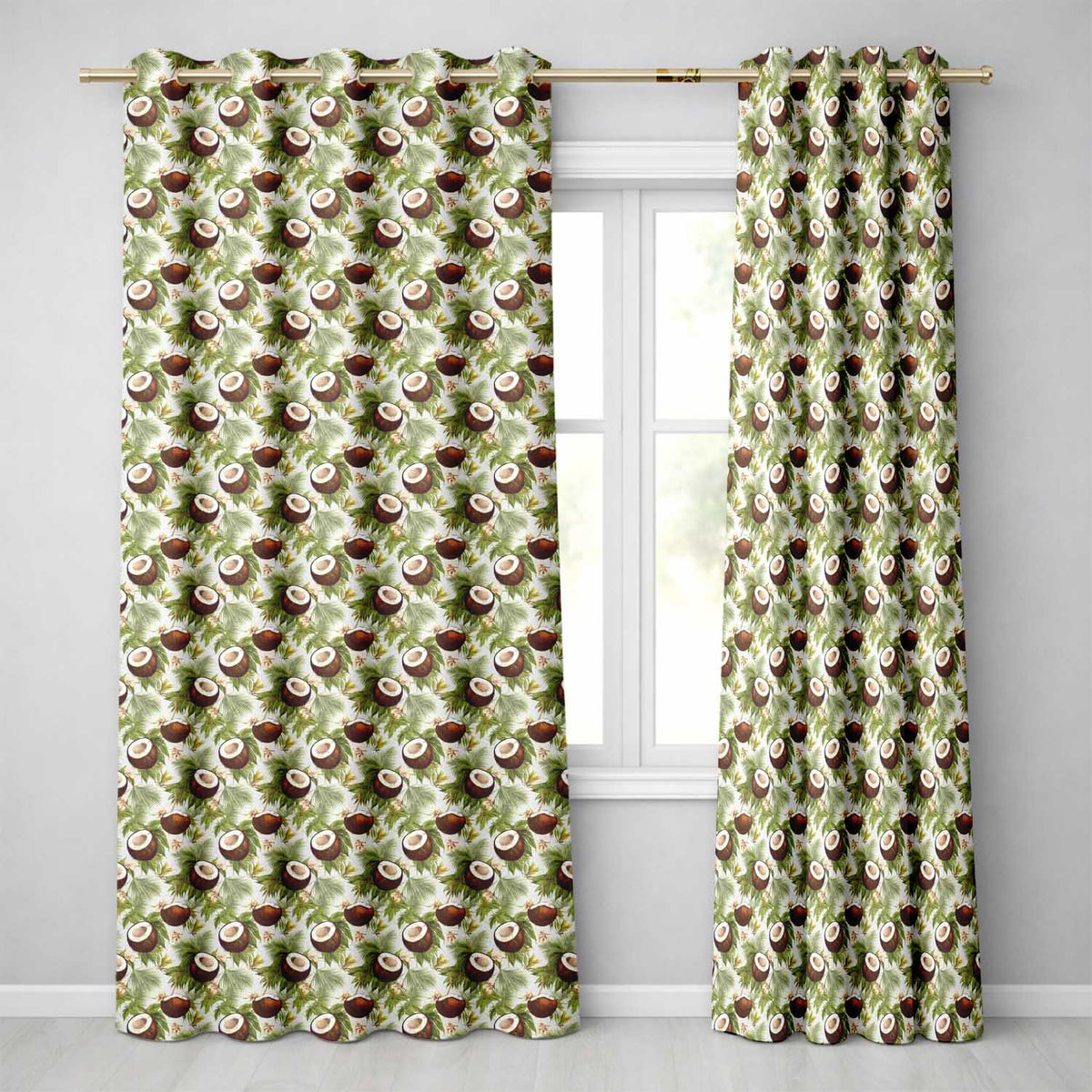 Fresh Coconut and Tropical Leaves with Flowers on Light Green Background  Readymade Eyelet Ring Top Thermal 100% Blackout Curtains