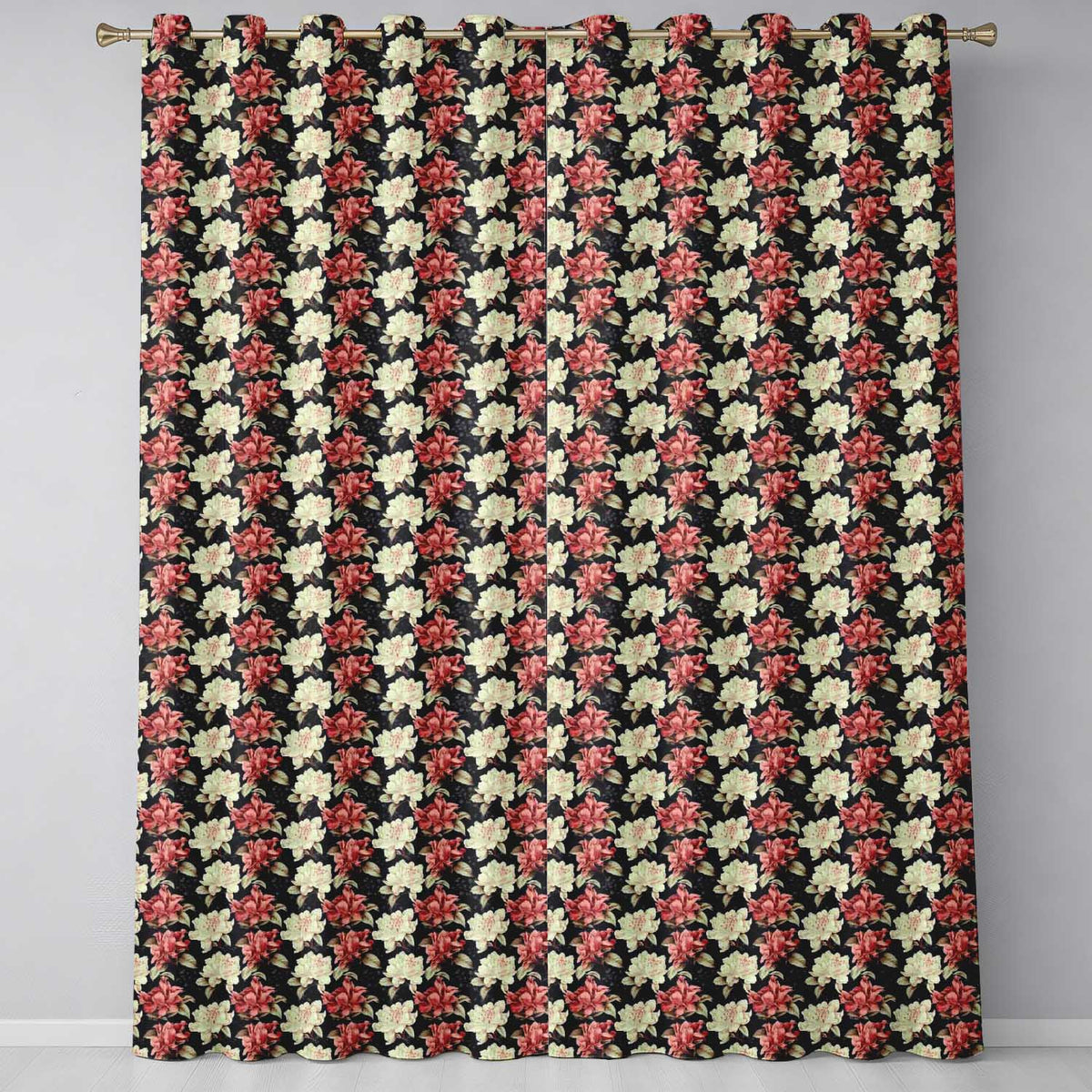 Cream and Coral Floral Blooms on Dark Background Seamless Pattern  Readymade Eyelet Ring Top Thermal 100% Blackout Curtains