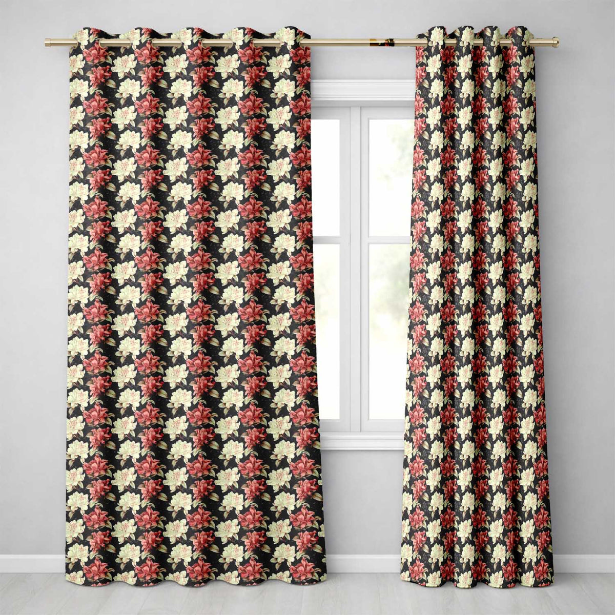 Cream and Coral Floral Blooms on Dark Background Seamless Pattern  Readymade Eyelet Ring Top Thermal 100% Blackout Curtains