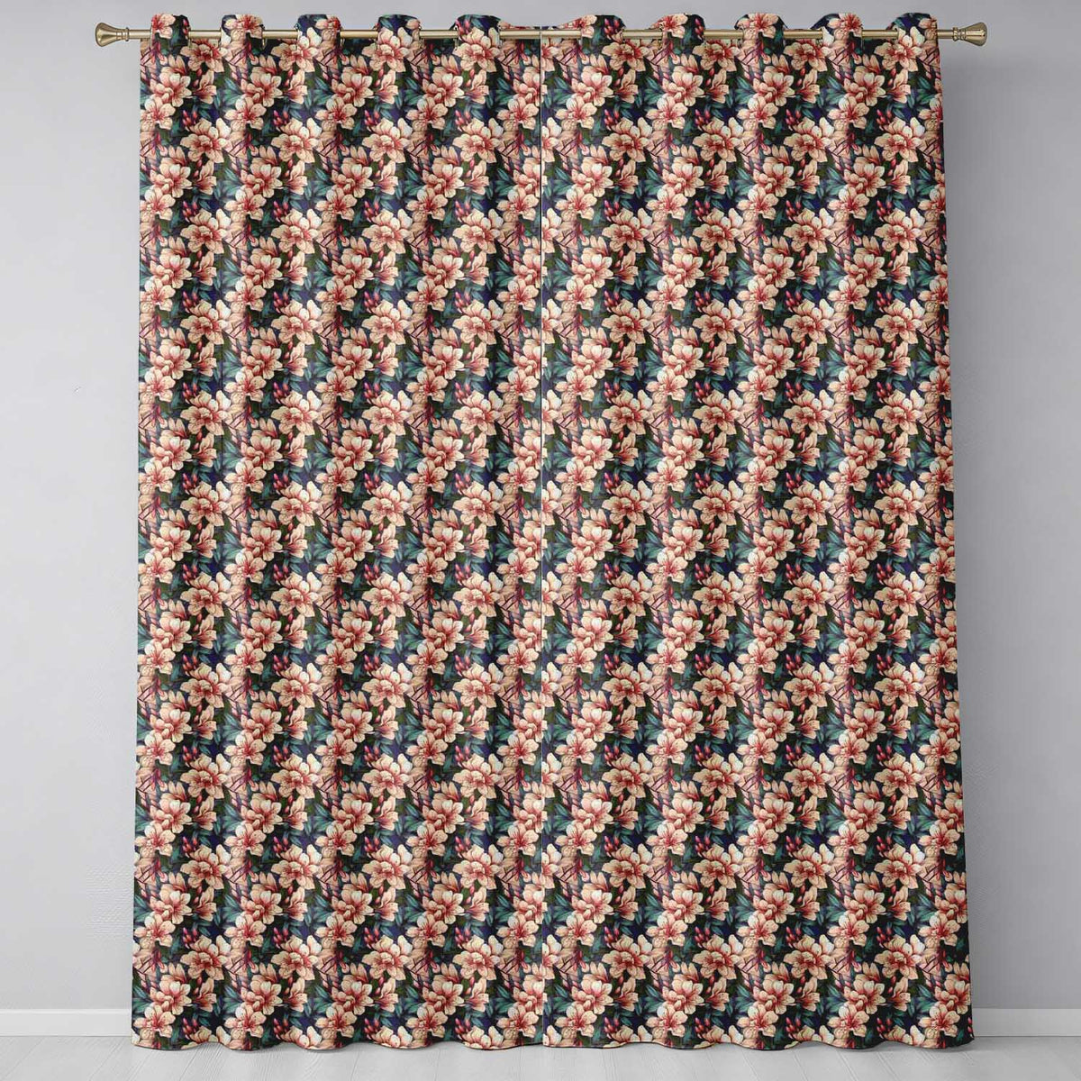 Elegant Pink Blossom Floral with Blue Leaves Seamless Pattern  Readymade Eyelet Ring Top Thermal 100% Blackout Curtains