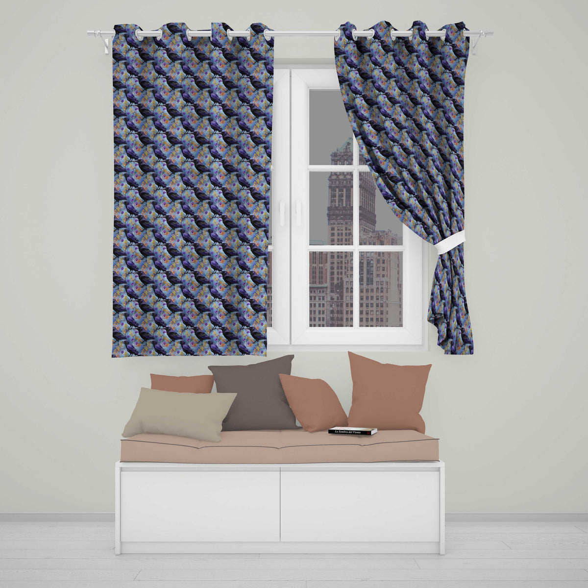 Purple Black Raven Bird with Autumn Leaves Seamless Pattern  Readymade Eyelet Ring Top Thermal 100% Blackout Curtains
