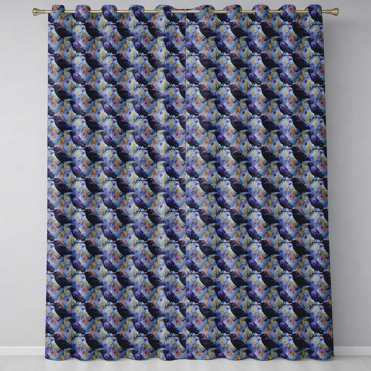 Purple Black Raven Bird with Autumn Leaves Seamless Pattern  Readymade Eyelet Ring Top Thermal 100% Blackout Curtains