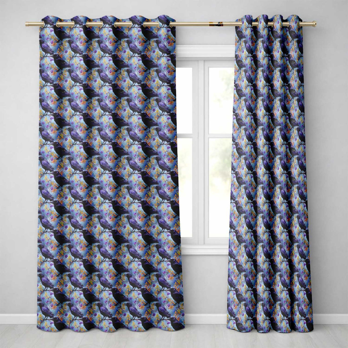 Purple Black Raven Bird with Autumn Leaves Seamless Pattern  Readymade Eyelet Ring Top Thermal 100% Blackout Curtains