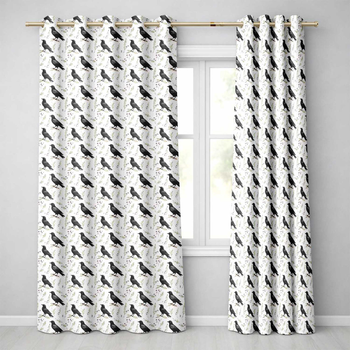 Black Crow Birds with Light Botanical Background Seamless Pattern  Readymade Eyelet Ring Top Thermal 100% Blackout Curtains