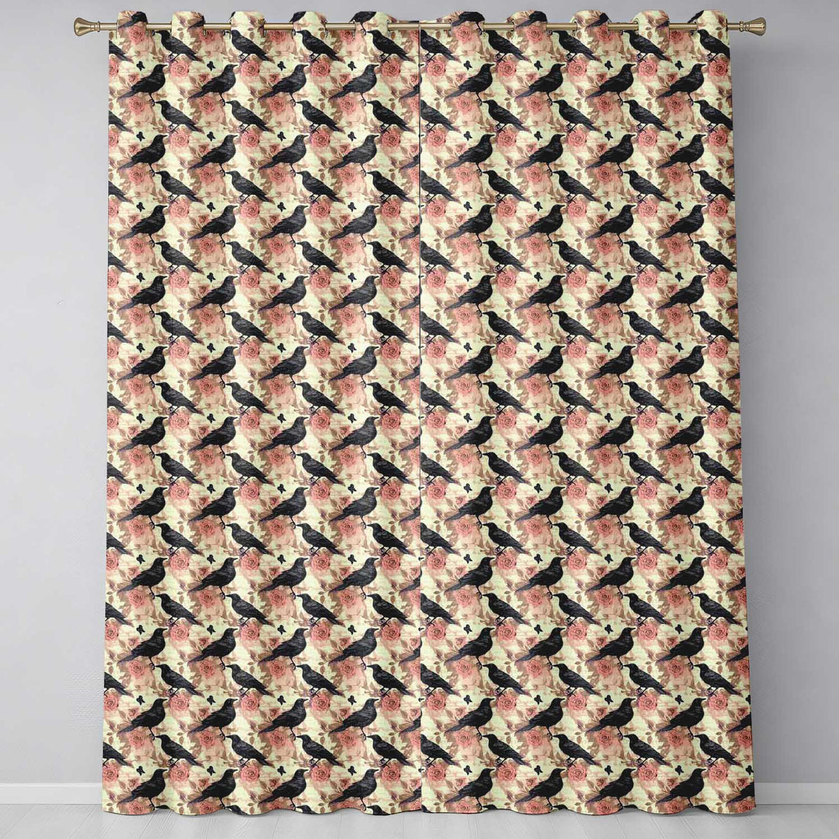 Gothic Raven and Pink Roses Vintage Seamless Pattern  Readymade Eyelet Ring Top Thermal 100% Blackout Curtains