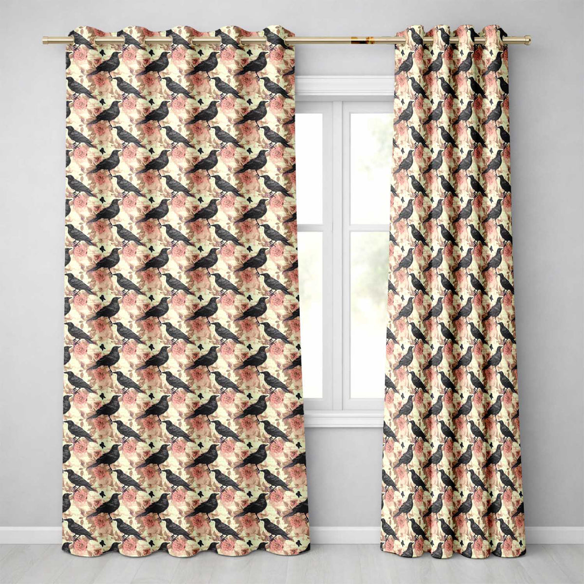 Gothic Raven and Pink Roses Vintage Seamless Pattern  Readymade Eyelet Ring Top Thermal 100% Blackout Curtains