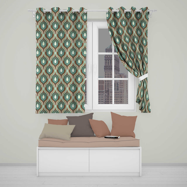Vintage Teal Brown Geometric Arch Repeat Seamless Pattern  Readymade Eyelet Ring Top Thermal 100% Blackout Curtains