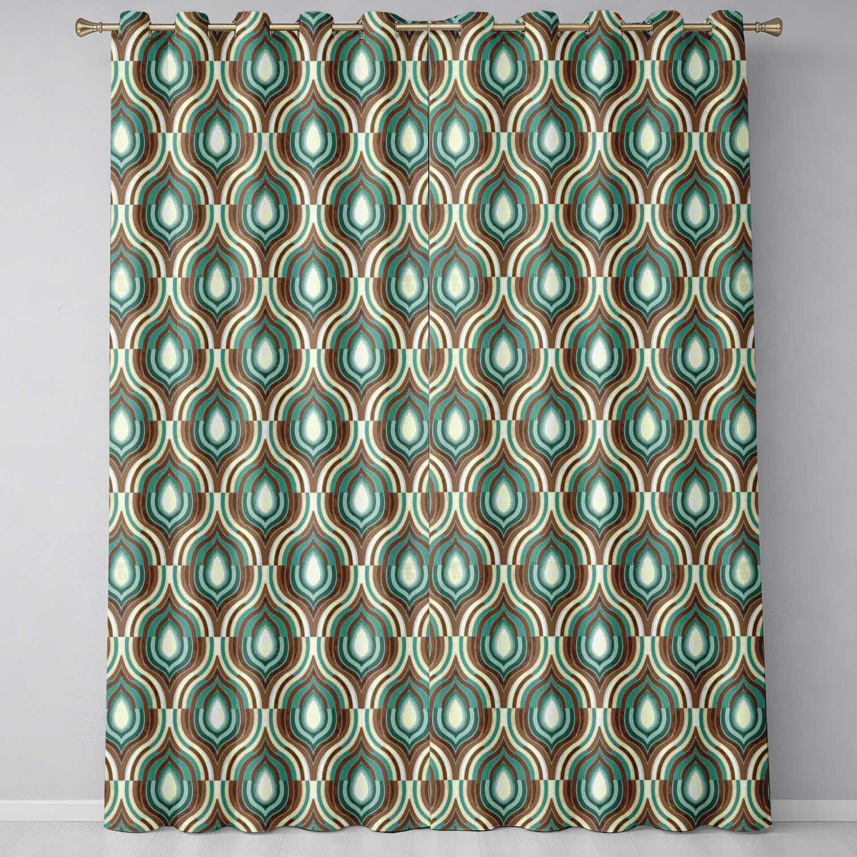 Vintage Teal Brown Geometric Arch Repeat Seamless Pattern  Readymade Eyelet Ring Top Thermal 100% Blackout Curtains
