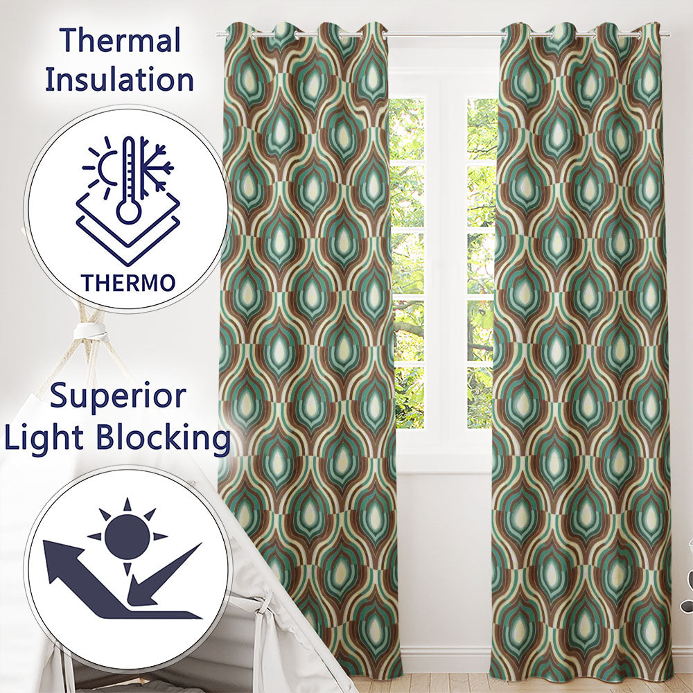 Vintage Teal Brown Geometric Arch Repeat Seamless Pattern  Readymade Eyelet Ring Top Thermal 100% Blackout Curtains